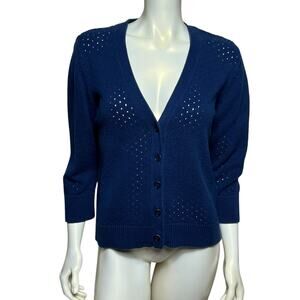 Liz Claiborne Navy Eyelet Cardigan, XL, 100% Cotton, Button Up, Classic Style